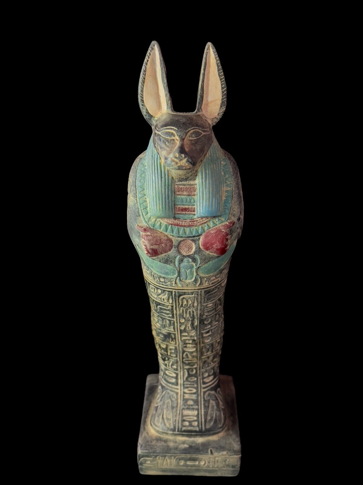 God Anubis Statue Standing with Ancient Hieroglyphics from Egyptian Stone