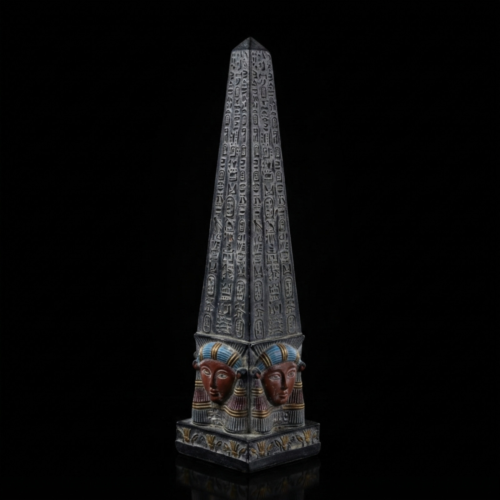 Ancient Egyptian Obelisk Statue Stone Hathor Head Base Stone Hieroglyphic Pillar Ancient Egyptian Obelisk Statue Stone Hathor Head Base Stone Hieroglyphic Pillar