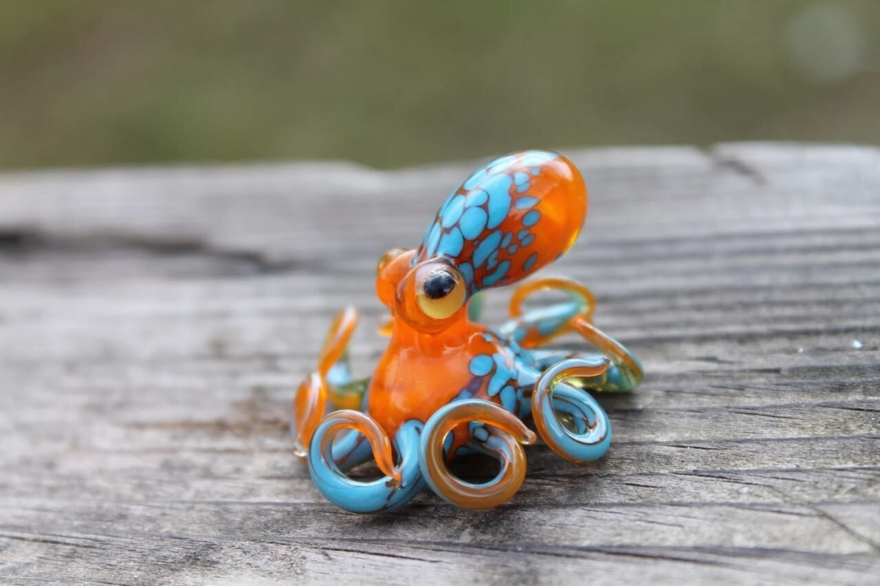 Blown Glass Orange and Blue Octopus glass figurine Octopus Glass Blown Glass Orange and Blue Octopus glass figurine Octopus Glass