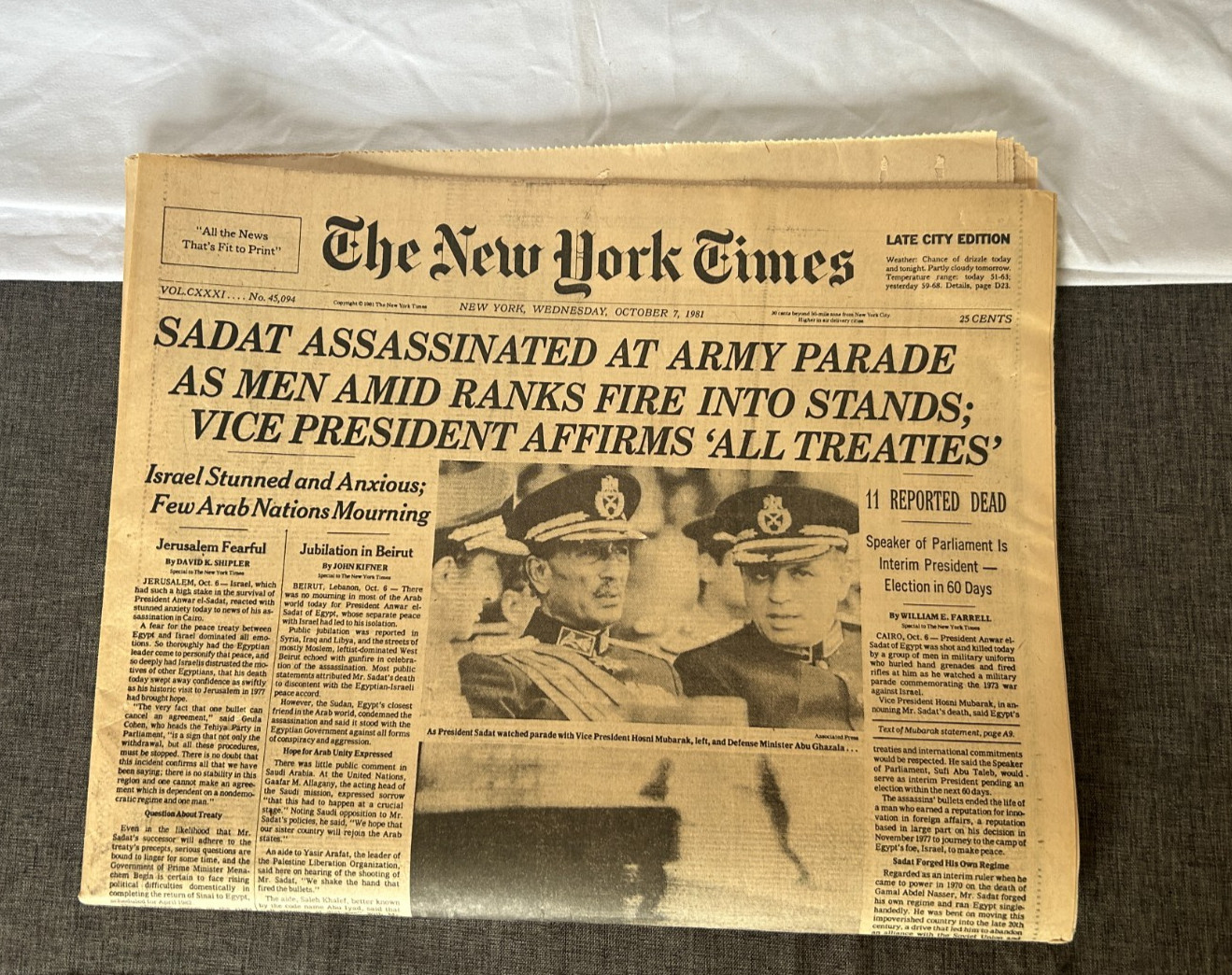 NY Times Oct 7 1981 President Sadat Assassinated Historic Middle East Complete NY Times Oct 7 1981 President Sadat Assassinated Historic Middle East Complete