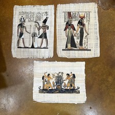 3 Egyptian Scenes Handpainted On Papyrus 17” X 13” with vivid color designs. picture
