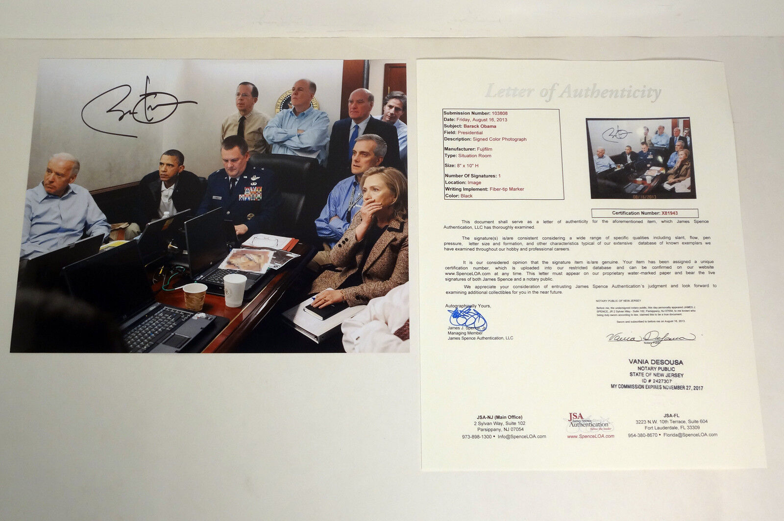 President Barack Obama Signed Bin Laden War Situation Room 8x10 Photo JSA COA