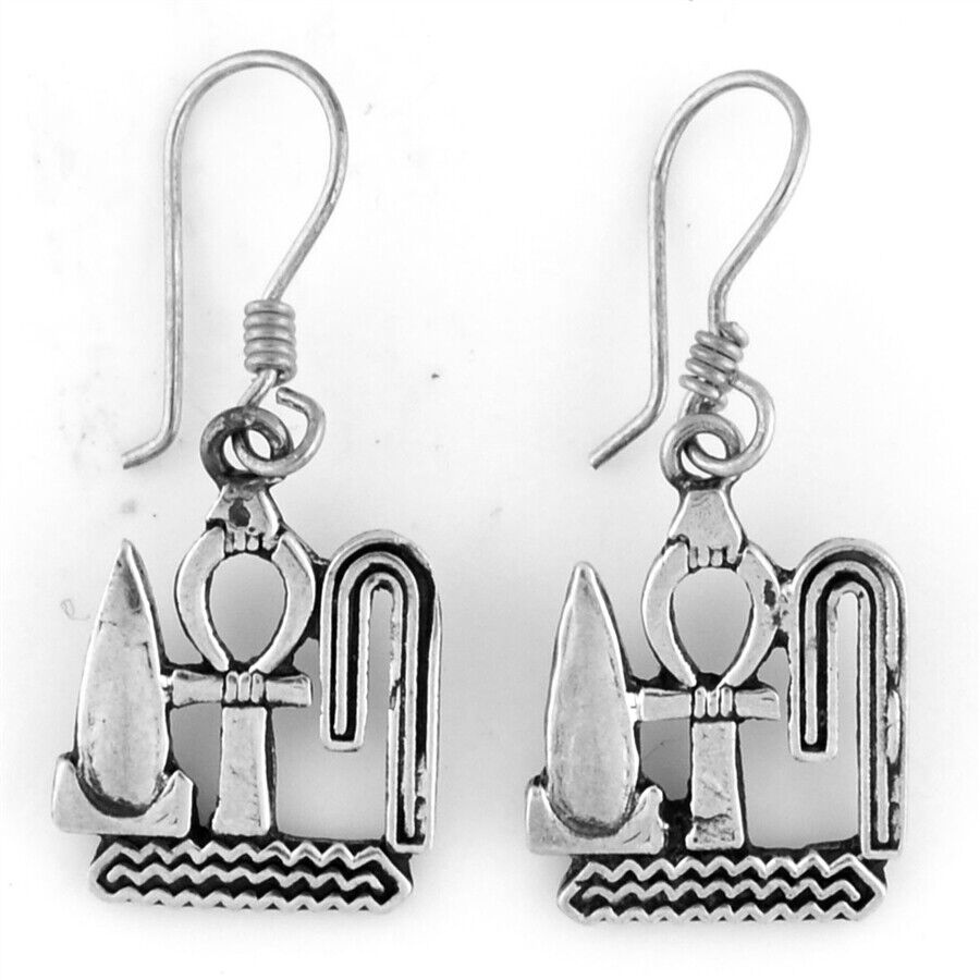 New Egyptian Horus Ankh of Life Sterling Silver 925 Earrings ( Large )