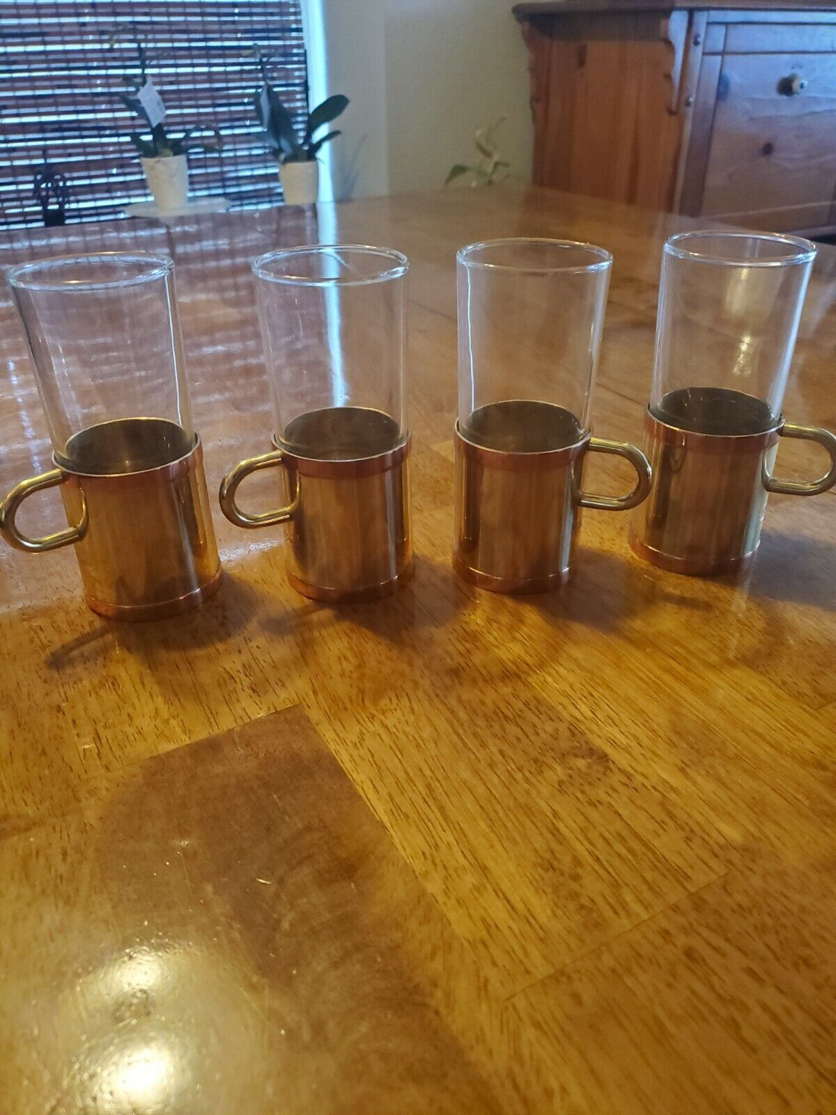 Vintage Cobras Beucler Glass Copper Stainless Steel and Brass Mug Set
