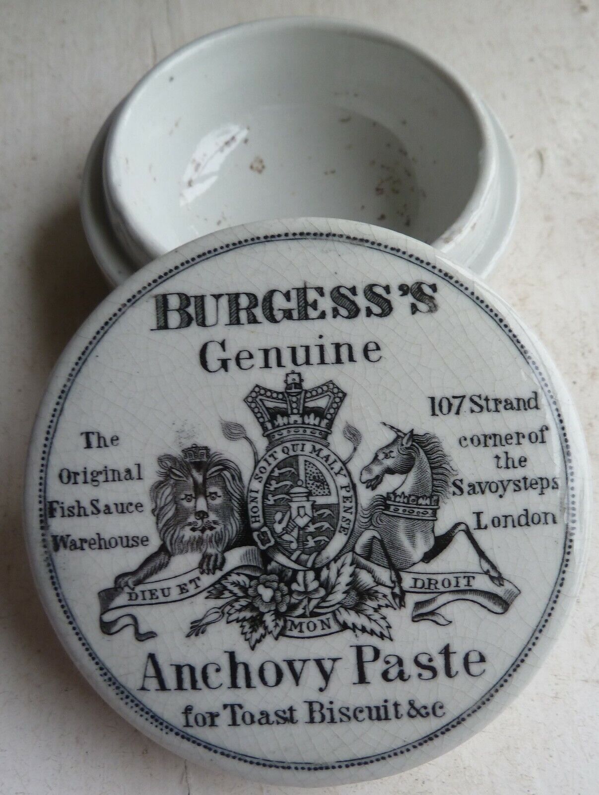 Victorian BURGESS ANCHOVY PASTE pot lid & base C 1890s.