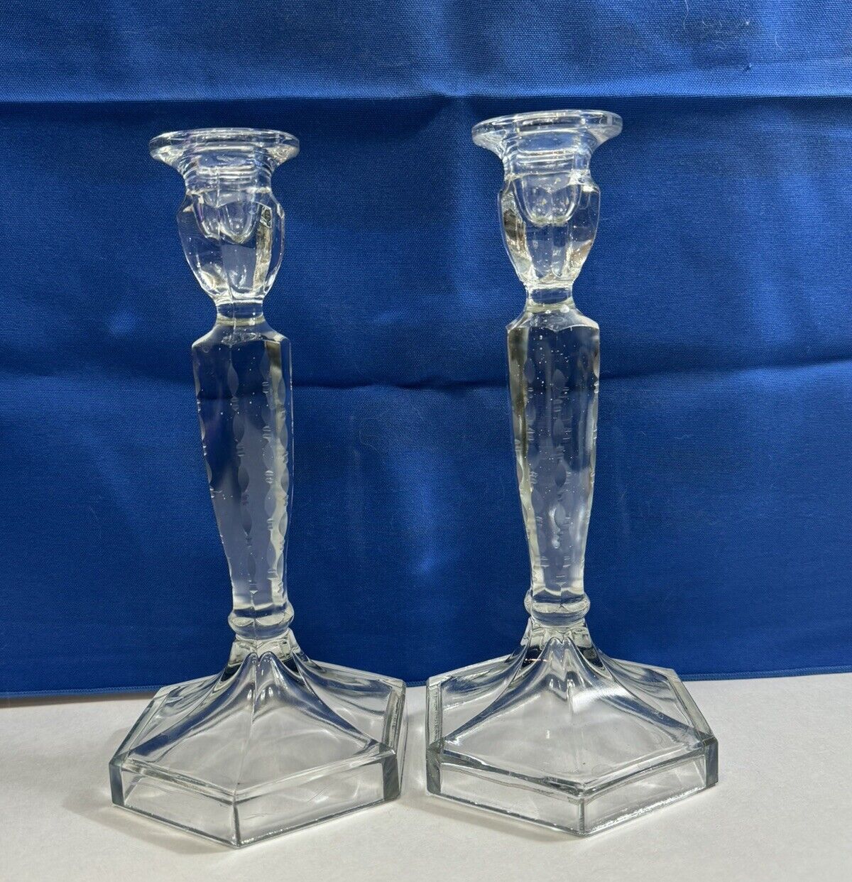 Vintage Pillars Etched Lead Crystal 8 1/2 Inch Lot Of 2