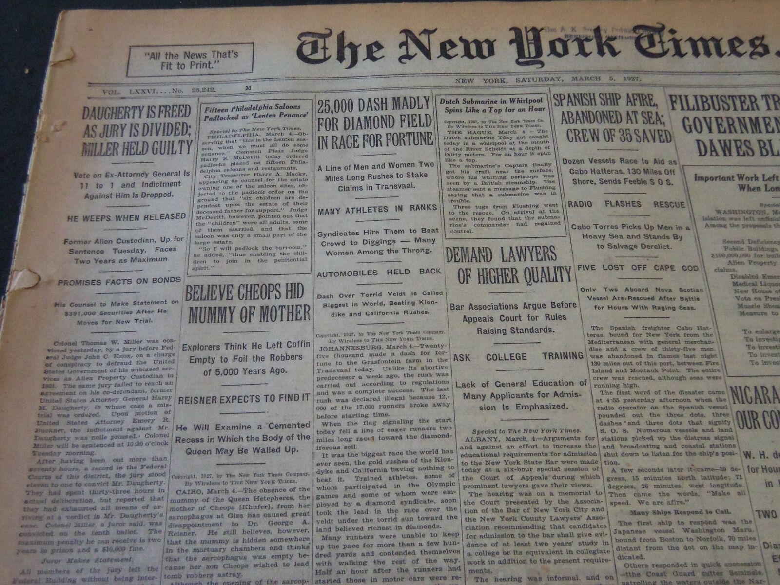 1927 MARCH 5 NEW YORK TIMES - BELIEVE CHEOPS HID MUMMY OF MOTHER - NT 5558