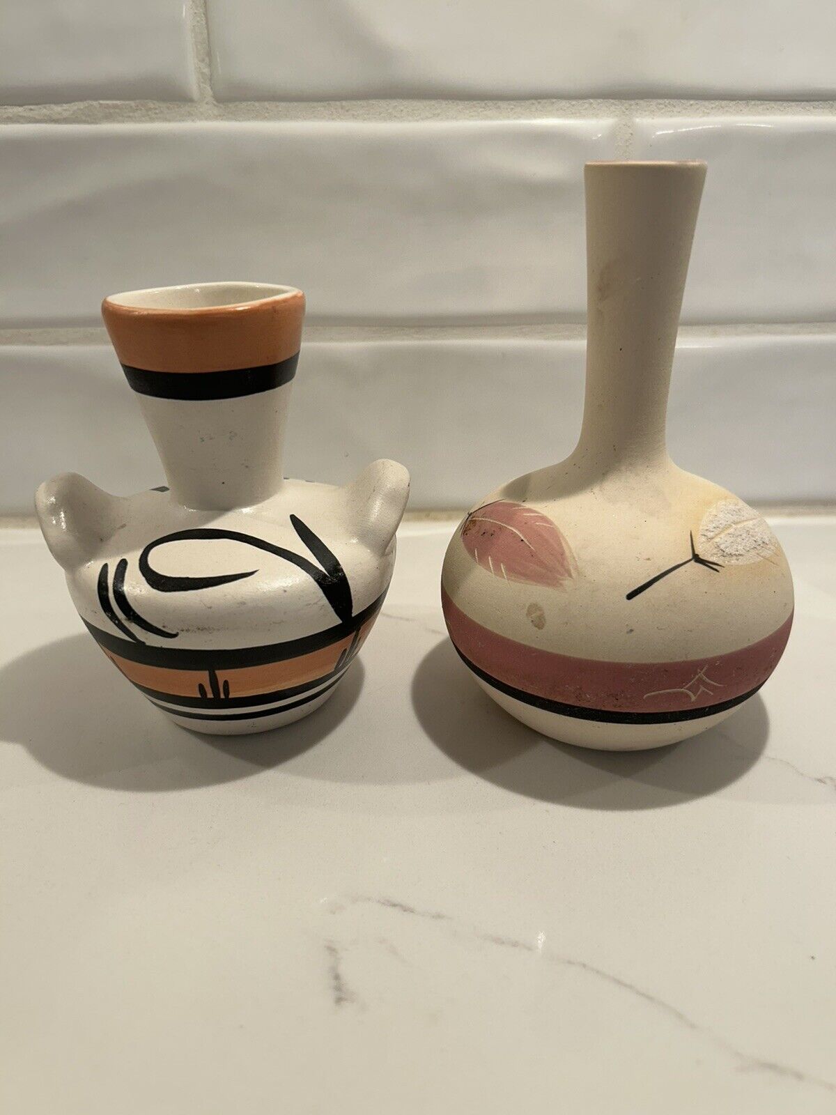Desert Pueblo Pottery Hand Painted Bud Vases Signed Rase Feather Native American