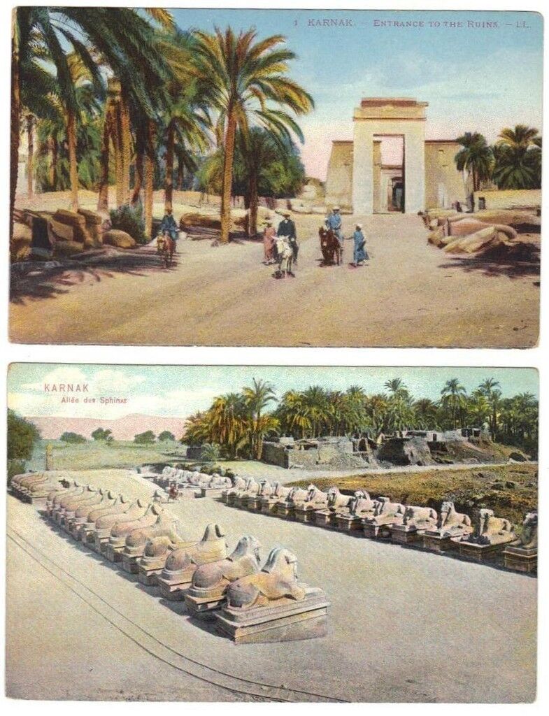 EGYPT 1930 THE KARNAK TWO POST CARDS UNUSED SPHINXES STREET & ENTRANCE