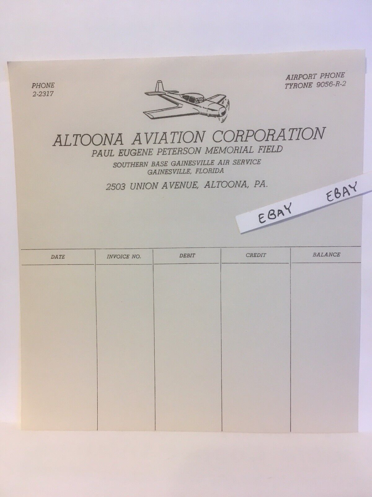 Old Altoona PA. Aviation Corporation Blank Invoice Airport Phone Tyrone 9056-R-2