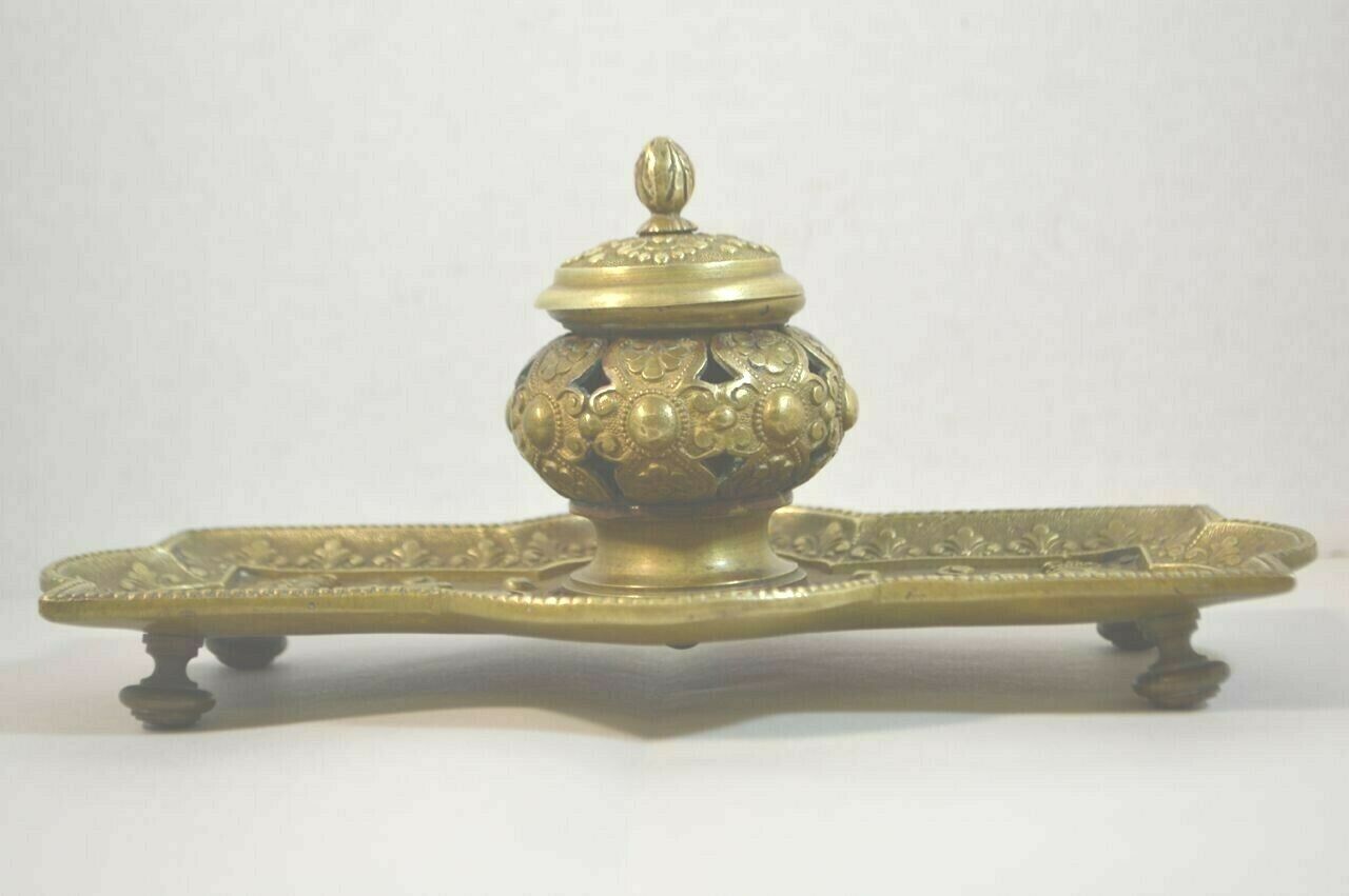 Antique Brass Inkwell Tray with Sphinxes 