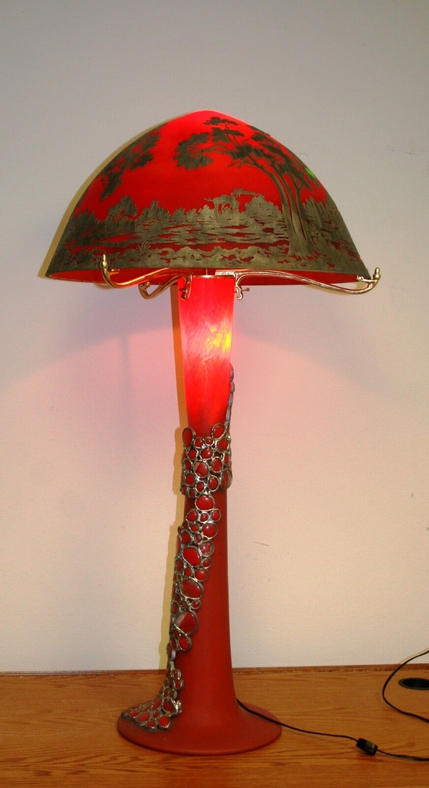 Vintage Art Deco  Style Hand Made Glass Floor Lamp Red Overlay Silver Painting 