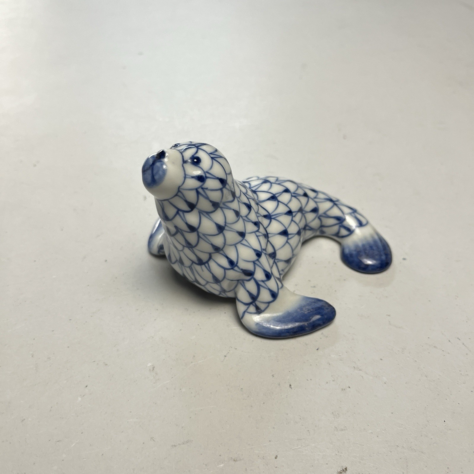 Andrea By Sadek Porcelain Seal Sea Lion Blue White Fishnet Herend Like Pattern