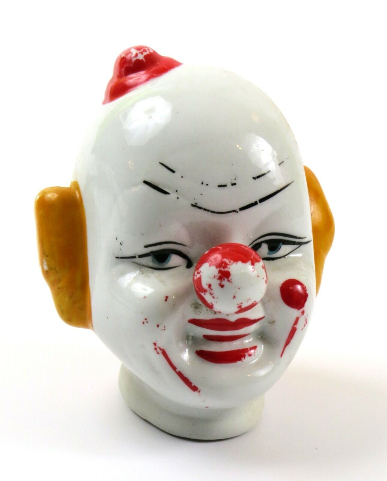Creepy Vintage Glazed Painted Ceramic Clown Head, Red Hat, Rough Paint
