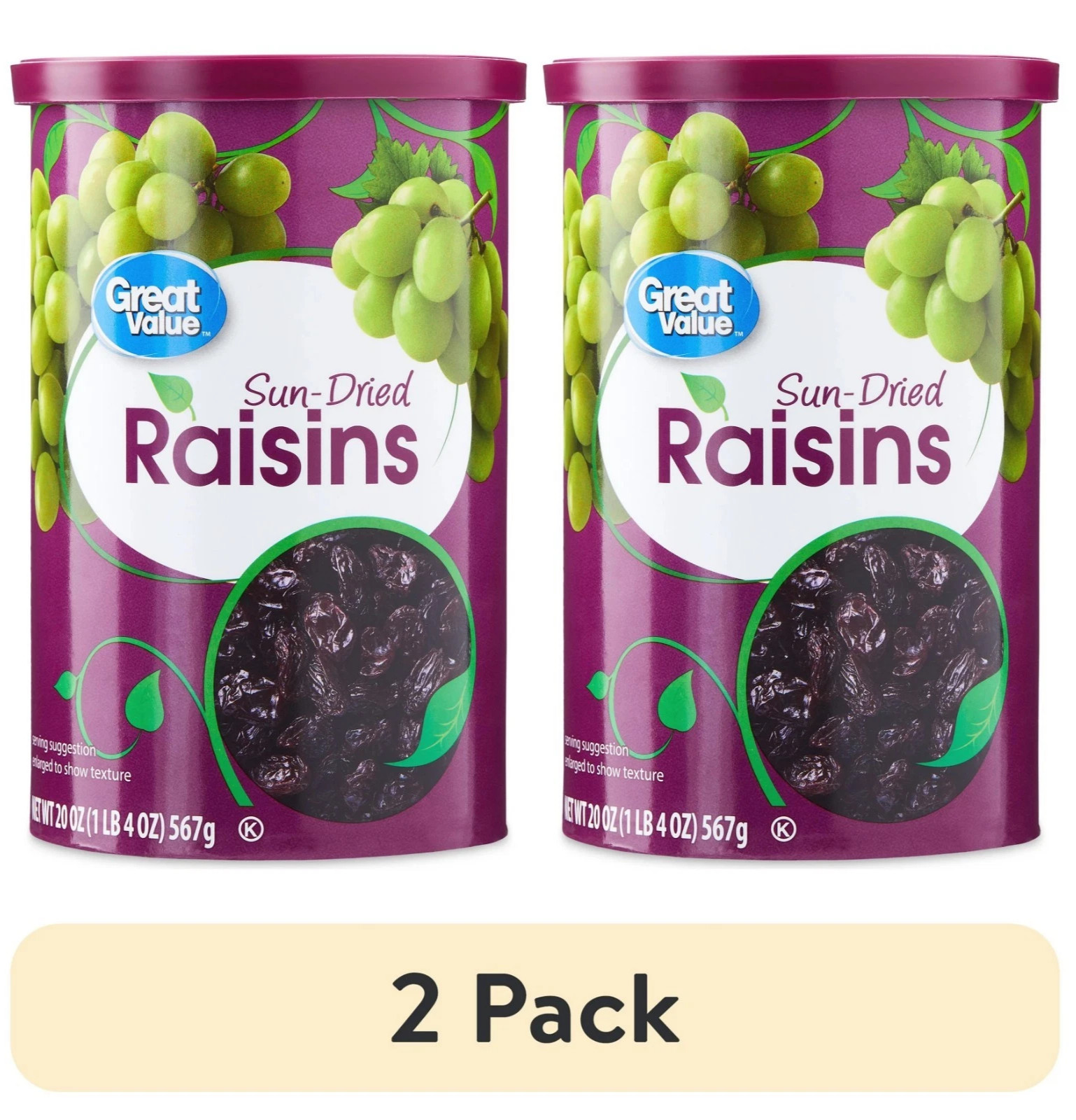 (2 pack) Great Value Sun-Dried Raisins Canister, 20 oz (1lb 4oz) 567g (2 pack) Great Value Sun-Dried Raisins Canister, 20 oz (1lb 4oz) 567g