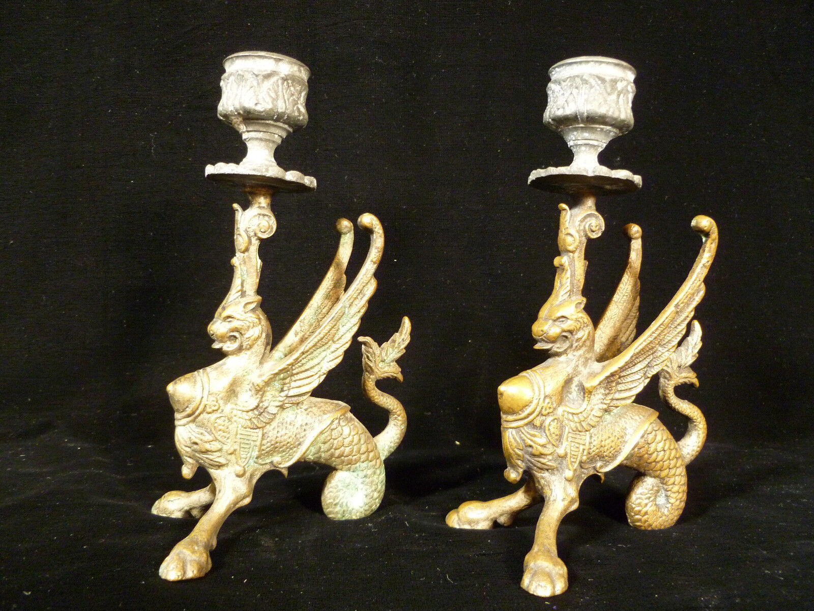 RARE PAIR OF EGYPTIAN REVIVAL WINGED GRIFFIN BRONZE CANDLE HOLDERS - CIRCA 1840