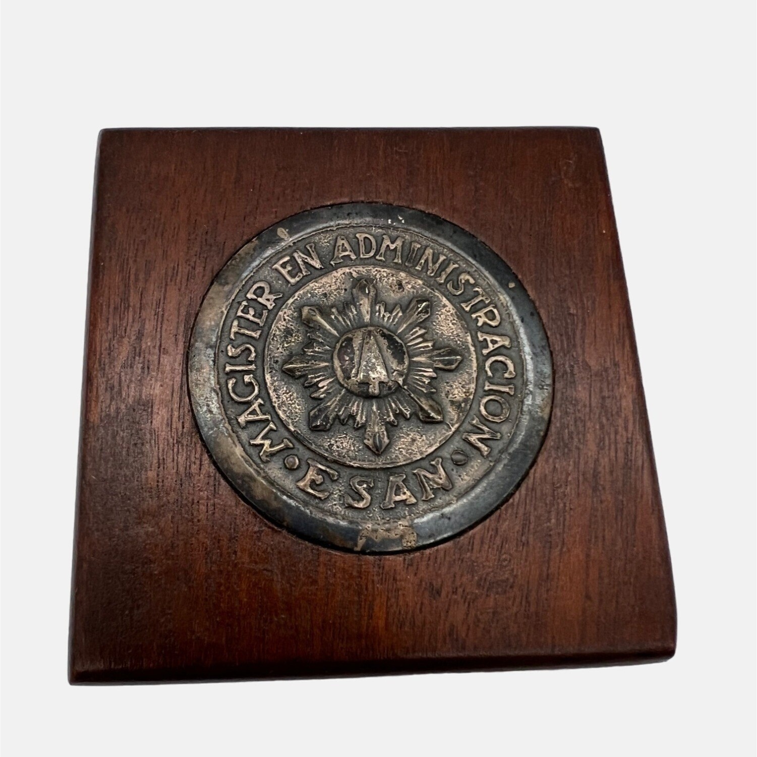 Wood & Brass Paperweight With ESAN Graduate School of Business Insignia Peru Wood & Brass Paperweight With ESAN Graduate School of Business Insignia Peru