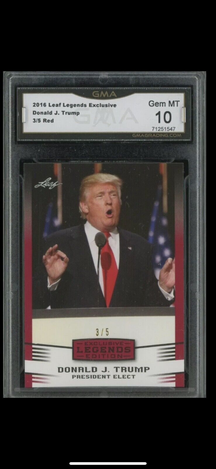 2016 Leaf Legends Exclusive Red Donald J. Trump Card 3/5 GMA 10 GEM MINT