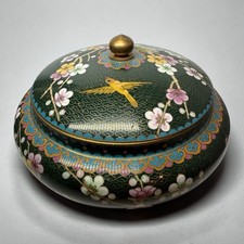 Cloisonné enamel covered box with floral and bird motifs W/ green background picture