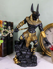 Egyptian Jackal God Anubis With Ankh Staff Spear On Skull Graveyard Figurine picture