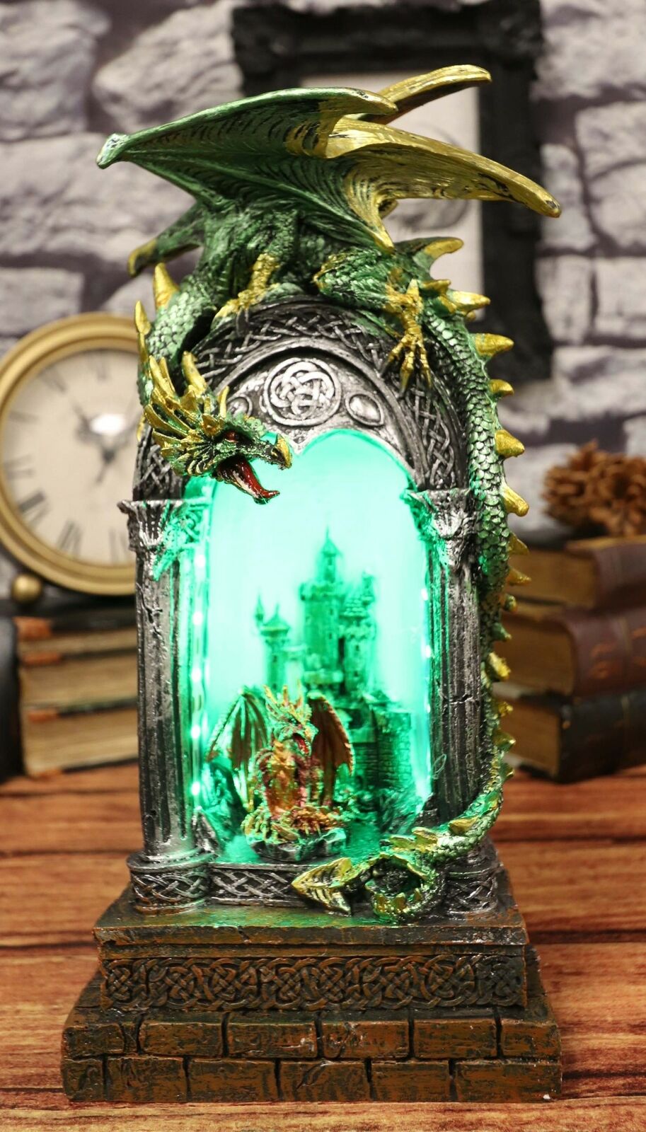 Green Dragon Perching On Celtic Arch Columns With Red Wyrmling LED Light Statue