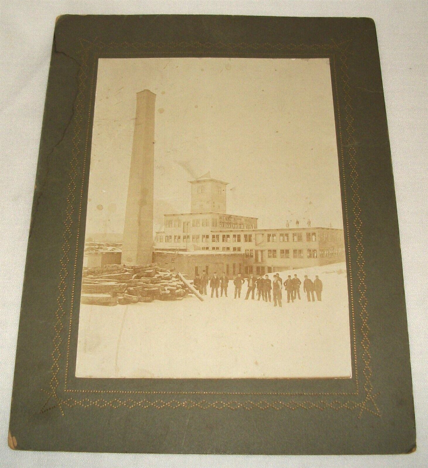 Vintage Mounted Photo Fessenden\'s Mill Building Workers Logs Antique