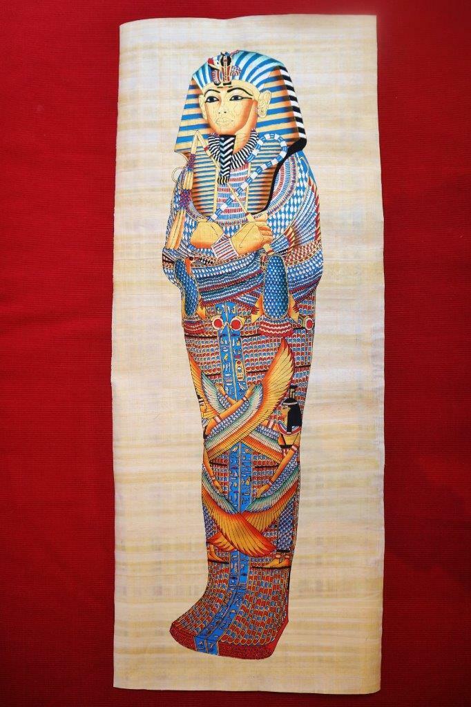 Huge Signed Handmade Papyrus Egyptian_KING Tutankhamun_Mummy Painting 32x12 inch