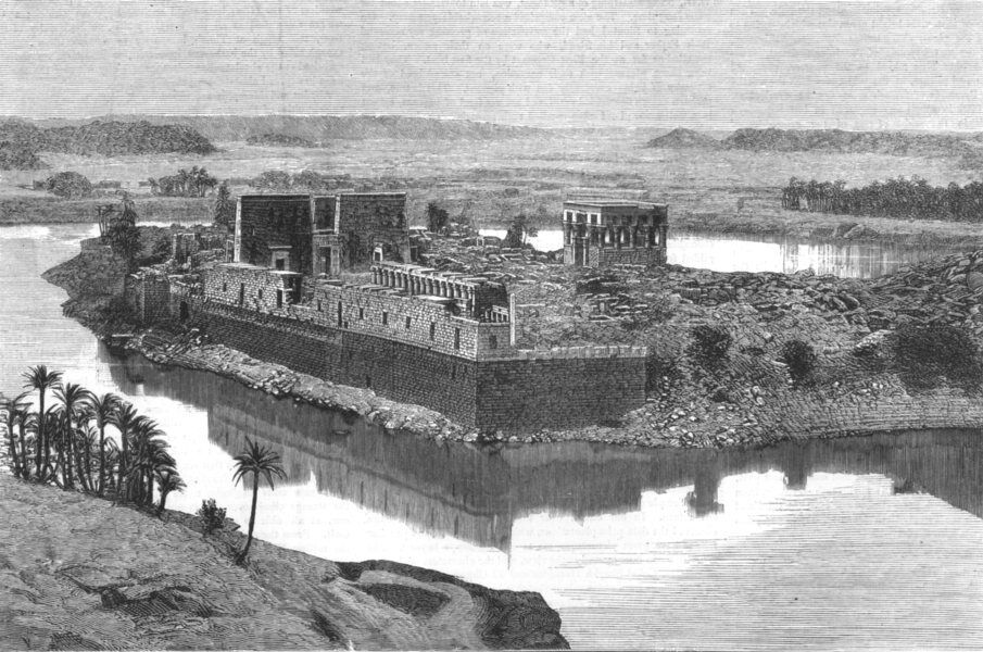 EGYPT. General view of Philae from the Island of Biggeh, antique print, 1880