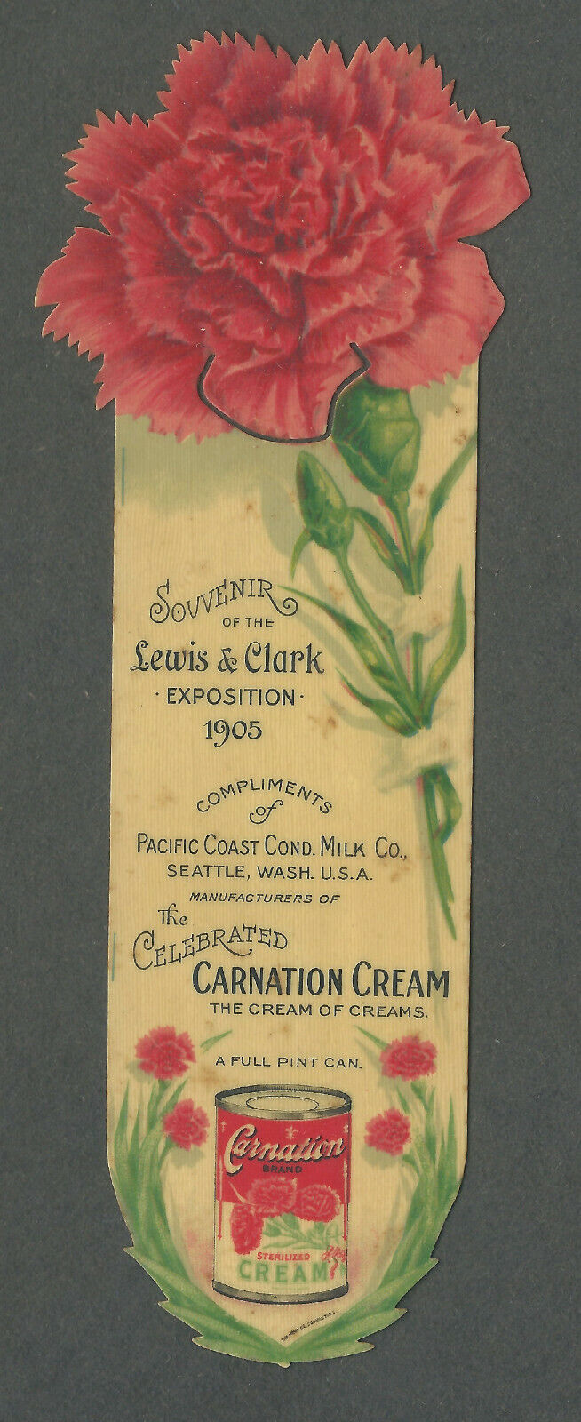 1905 Lewis And Clark Exposition Carnation Cream Victorian Celluloid Bookmark 