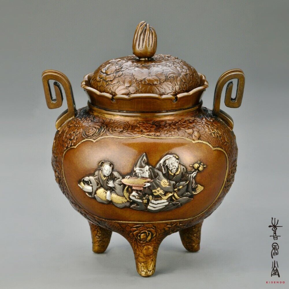 Koro Japanese Bronze Incense burner Takaoka Hakuju motif longevity Japan