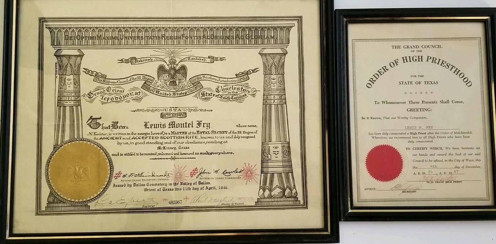 1945 Scottish Rite Masonic Certificates Of Receiving 32 Degree Priesthood Qty 2