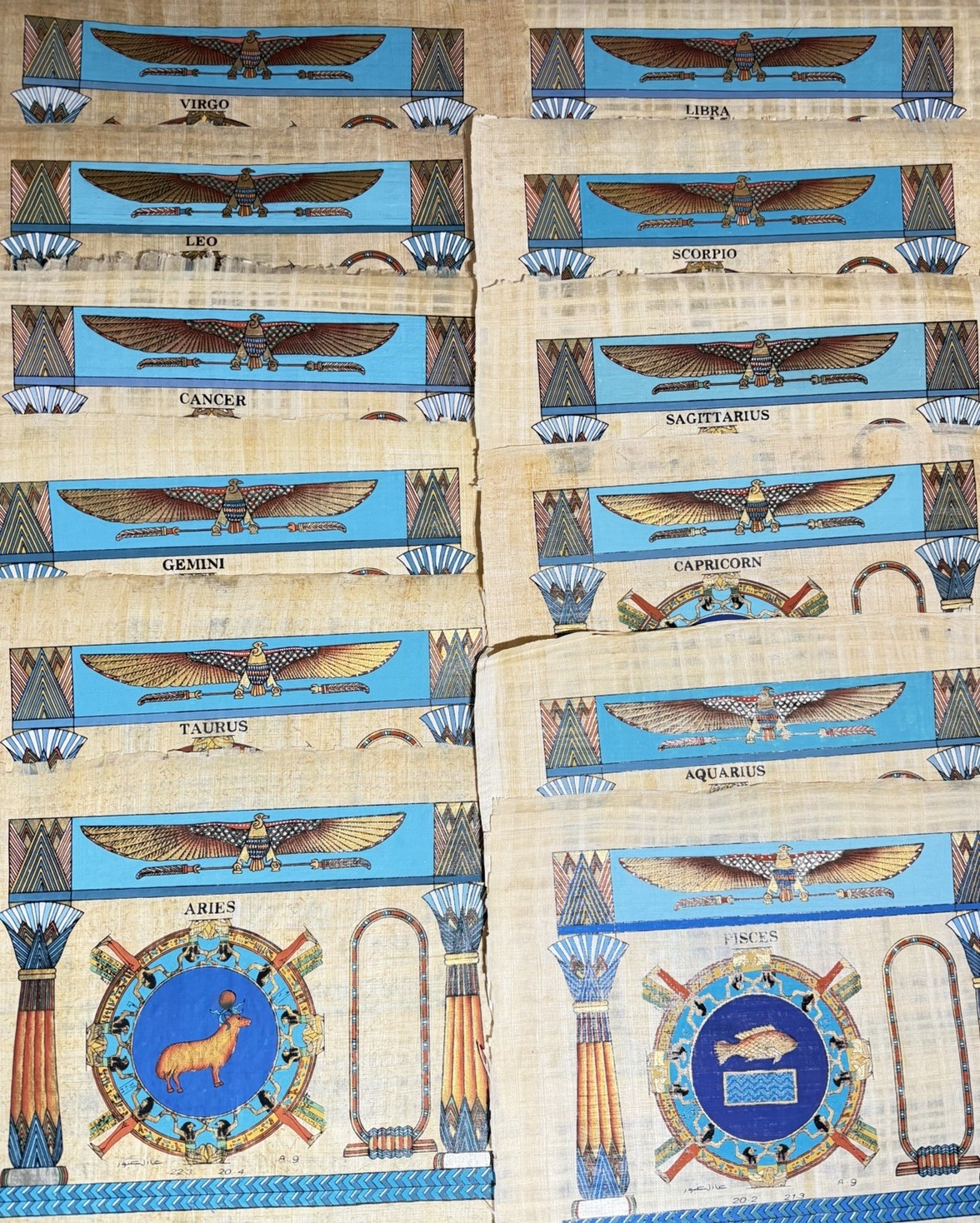 Egyptian Papyrus Zodiac Paintings 12 Complete Set 17x13 Horoscope Astrology Egyptian Papyrus Zodiac Paintings 12 Complete Set 17x13 Horoscope Astrology