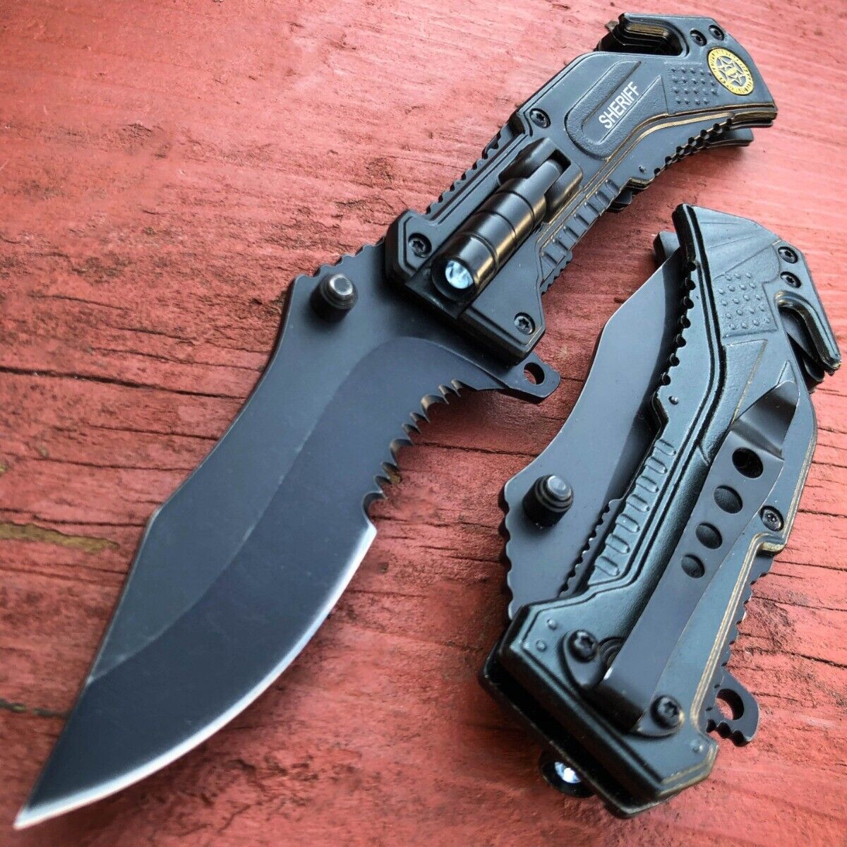 Military BLACK SHERIFF Spring Open Assisted LED Tactical Rescue Pocket Knife