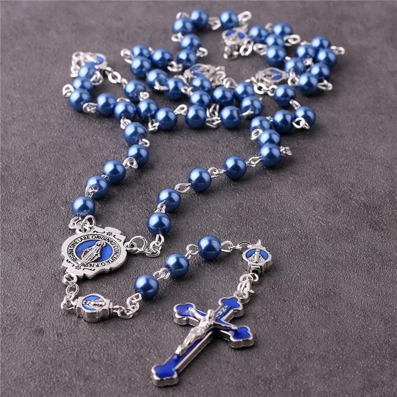 Catholic Town Rosary blue glass pearl beads Enamel Crucifix and Miraculous medal Catholic Town Rosary blue glass pearl beads Enamel Crucifix and Miraculous medal