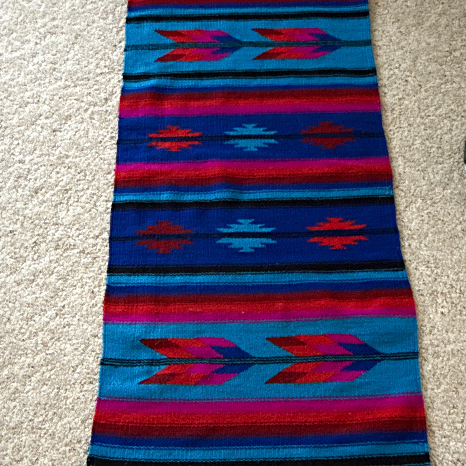 Southwestern Geometric Wool Table Runner Blue Red Teal Purple Fringe - 27” x 60”