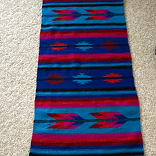 Southwestern Geometric Wool Table Runner Blue Red Teal Purple Fringe - 27” x 60” picture