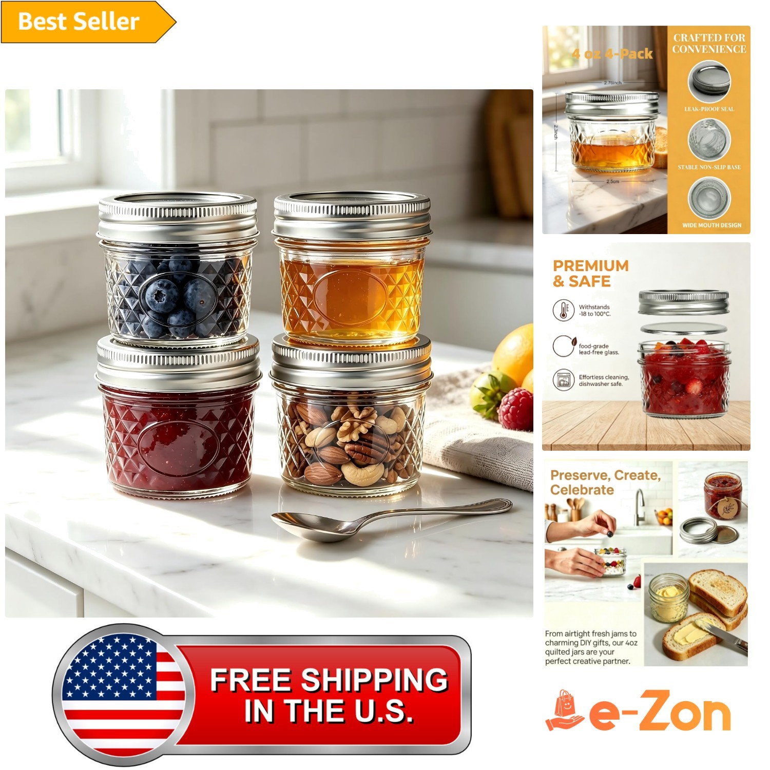 Glass Jars with Lids Small Food Storage Containers 4 oz 4 Pack