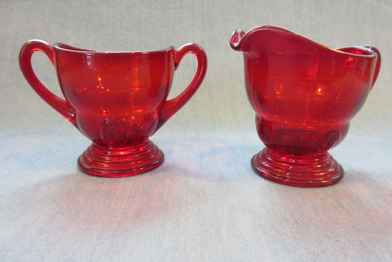 Vintage Mid Century Bright Red Glass Cream and Sugar unmarked great color