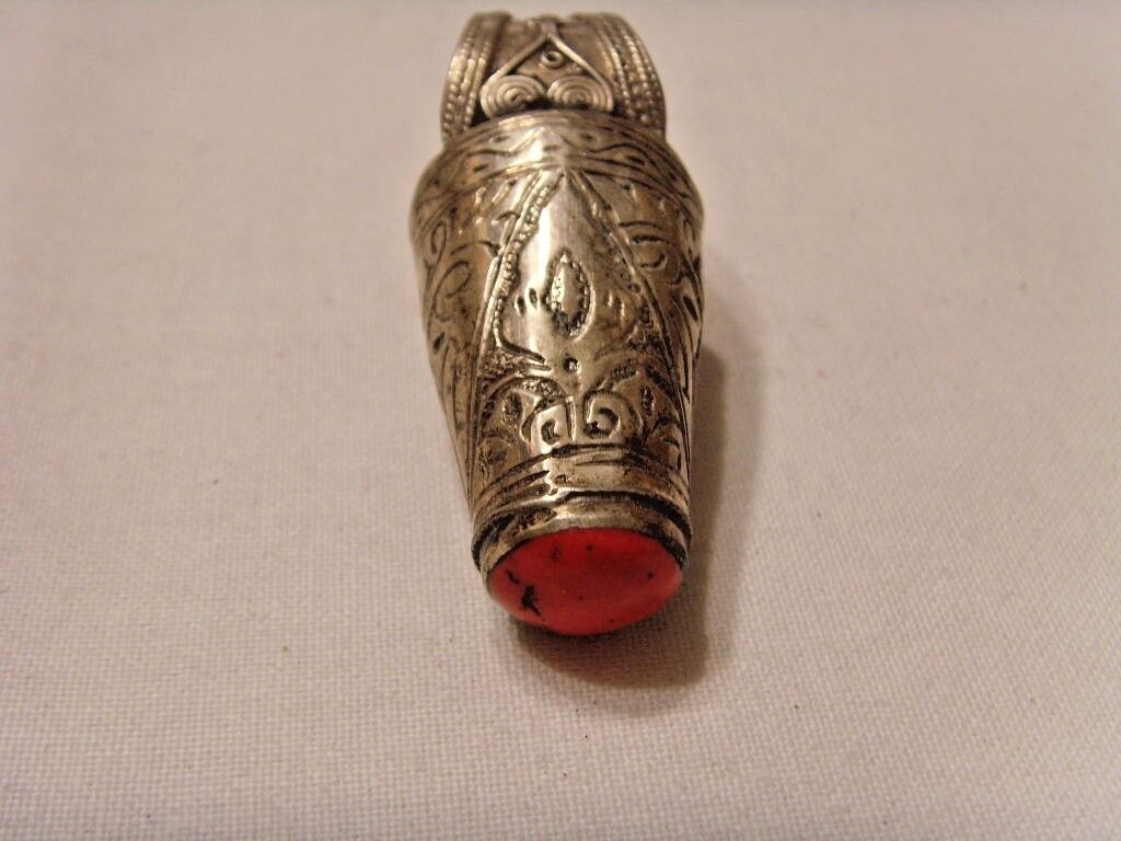 antique turkmen tribe high silver 2 inch tall minaret coral ring 8 size  46499