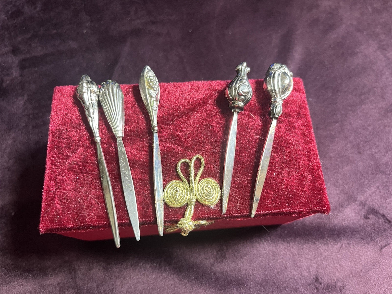 Vintage Art Deco Set of Five Stamped FINE SILVER APPY TOOTHPICKS Diff Motifs Vintage Art Deco Set of Five Stamped FINE SILVER APPY TOOTHPICKS Diff Motifs