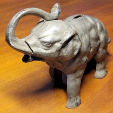 Antique Large Cast Iron Elephant Coin Still Piggy Bank Trunk Up Heavy picture
