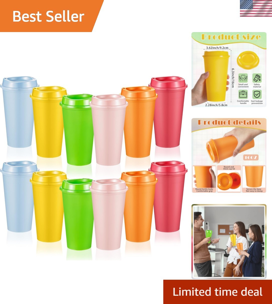 12 Pcs 16 oz Reusable Coffee Cups with Lids, Vibrant Colors 12 Pcs 16 oz Reusable Coffee Cups with Lids, Vibrant Colors