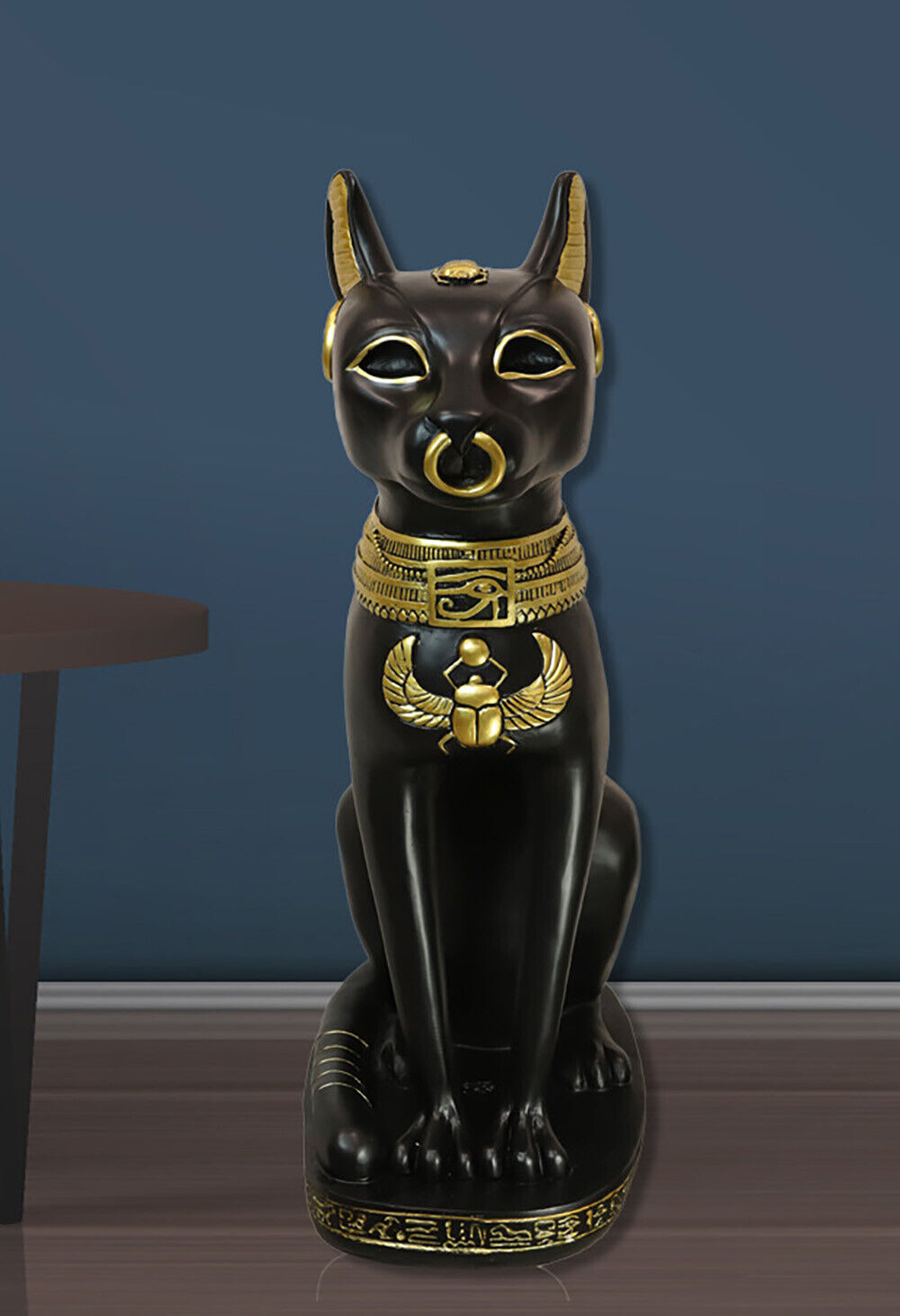 Large Black And Gold Egyptian Goddess Cat Bastet With Scarab Amulet Statue 37