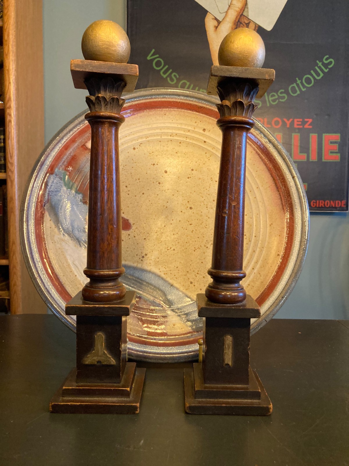 Pair Masonic Decorative Wood Pillars Columns Gold Ball Finials Freemason Decor Pair Masonic Decorative Wood Pillars Columns Gold Ball Finials Freemason Decor