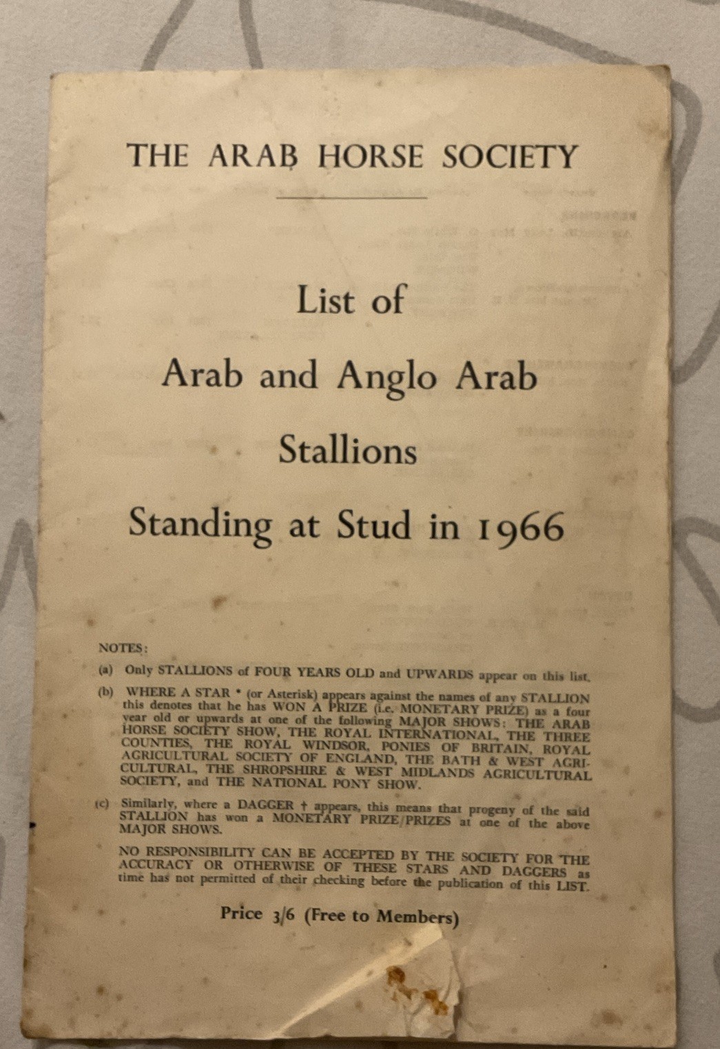 Vintage List Of Arab and Anglo Arab Stallion Standing at Stud 1966 (booklet) Vintage List Of Arab and Anglo Arab Stallion Standing at Stud 1966 (booklet)