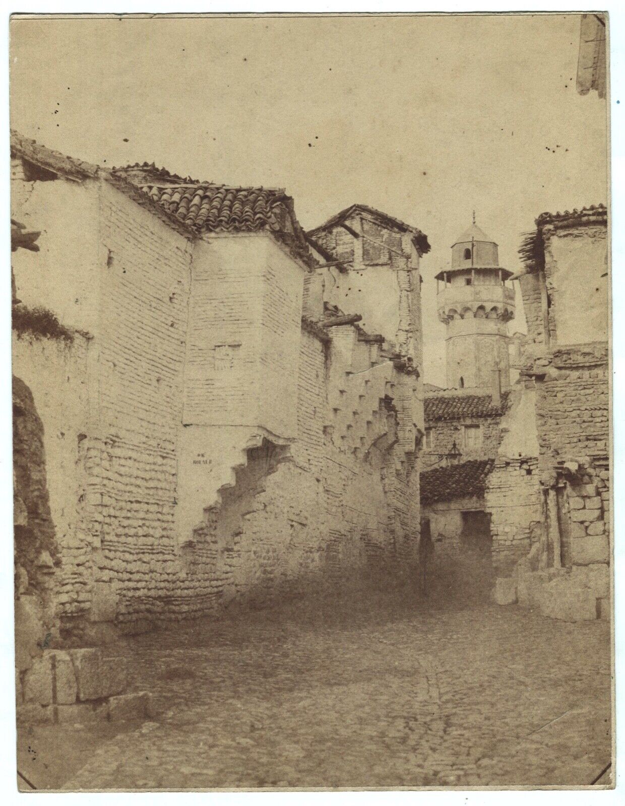 photo albumen salt print c.1865 Medina souk minaret mosque - Oran? Maghreb