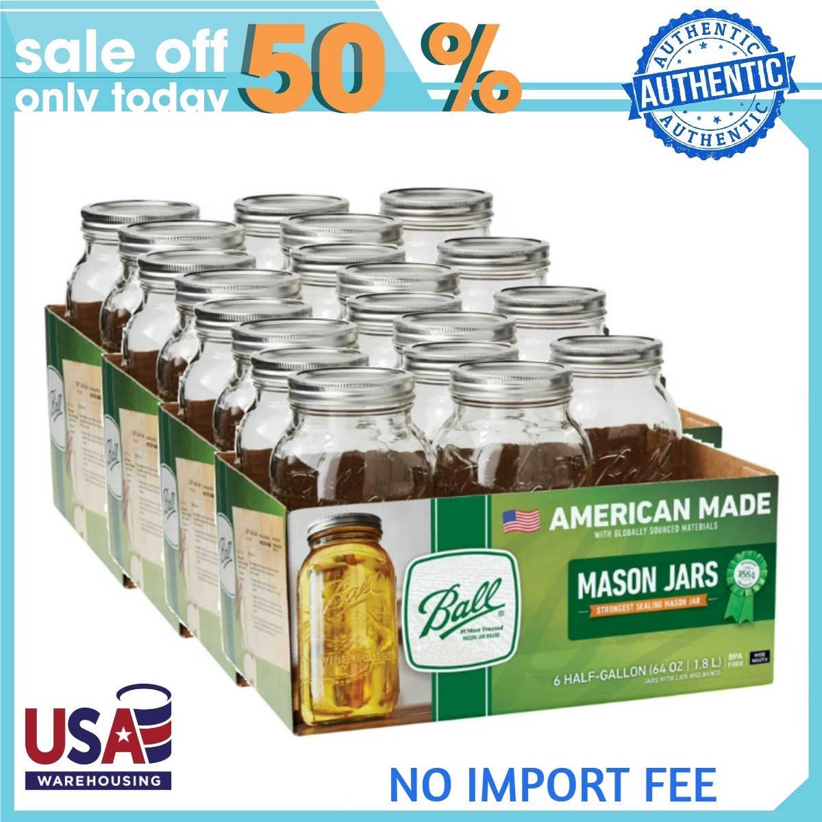 Ball Half Gallon Mason Jars Wide Mouth 24pk, 64oz Canning Jars with Lids and Rin