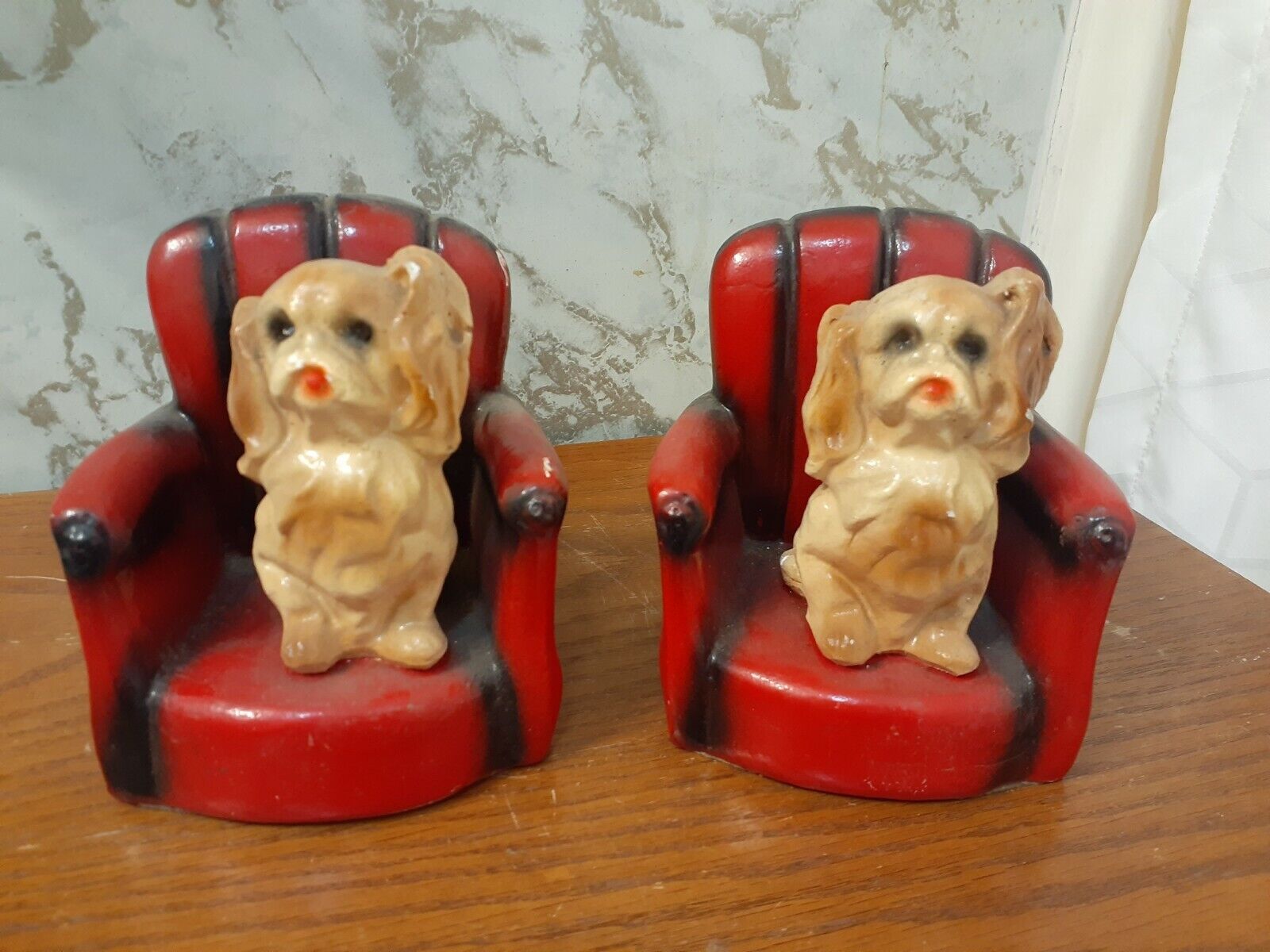 Set Of Vintage Dog Bookends Sitting In Red Chairs Chalkware Art
