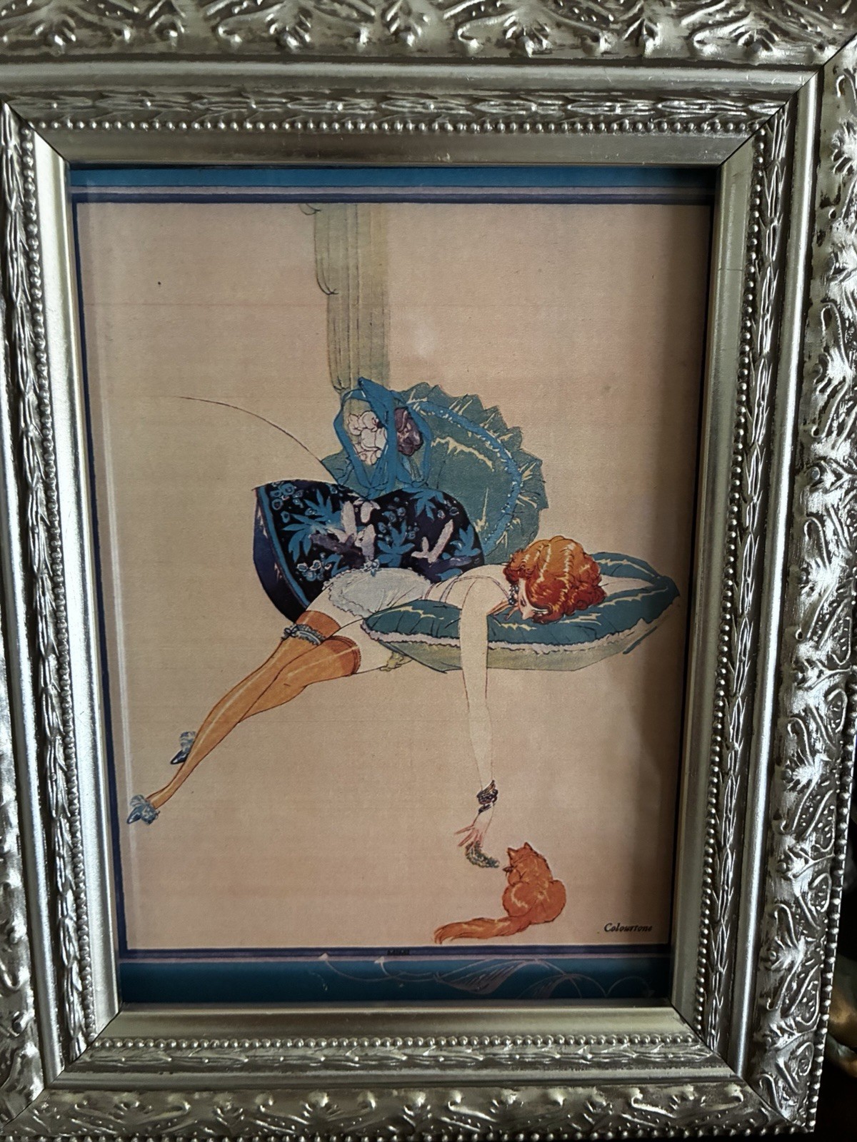Art Deco -Sensuous Girl in Lingerie with a Cat - Hand Tinted-Framed Art Deco -Sensuous Girl in Lingerie with a Cat - Hand Tinted-Framed