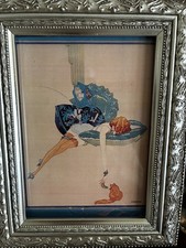 Art Deco -Sensuous Girl in Lingerie with a Cat - Hand Tinted-Framed picture